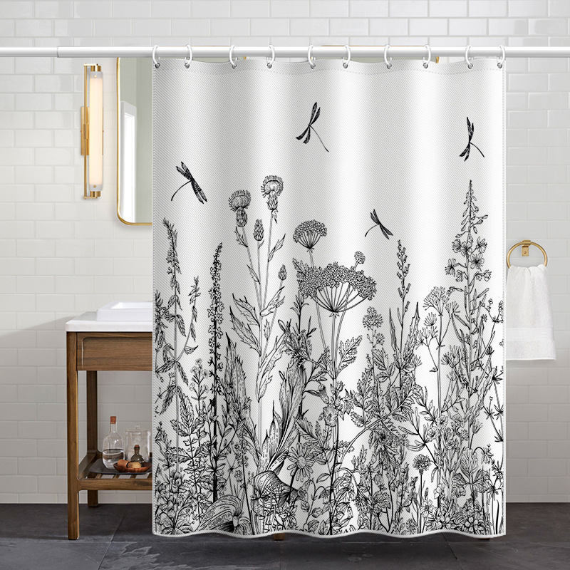 Nordische schwarze Pflanzenblätter, Baumranken, Wald, Berge, Großhandelsware, wasserdichte Polyester-Dusche_voghion.com