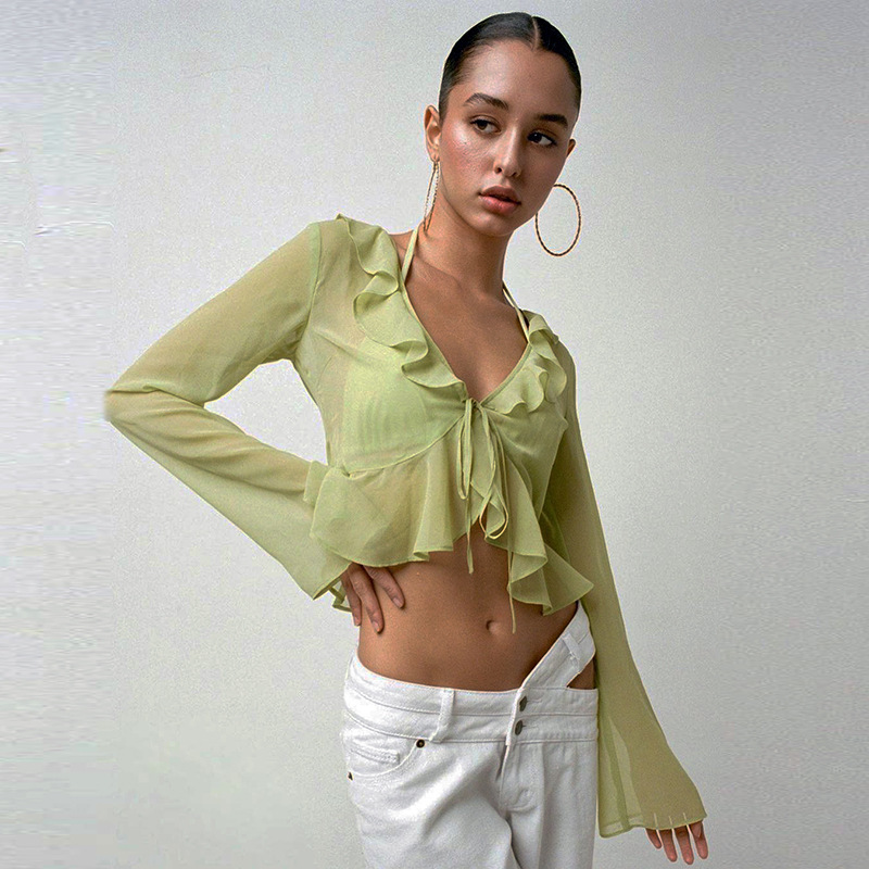 Elegant Women's Transparent Ruffled Blouse With Deep V Neck_voghion.com