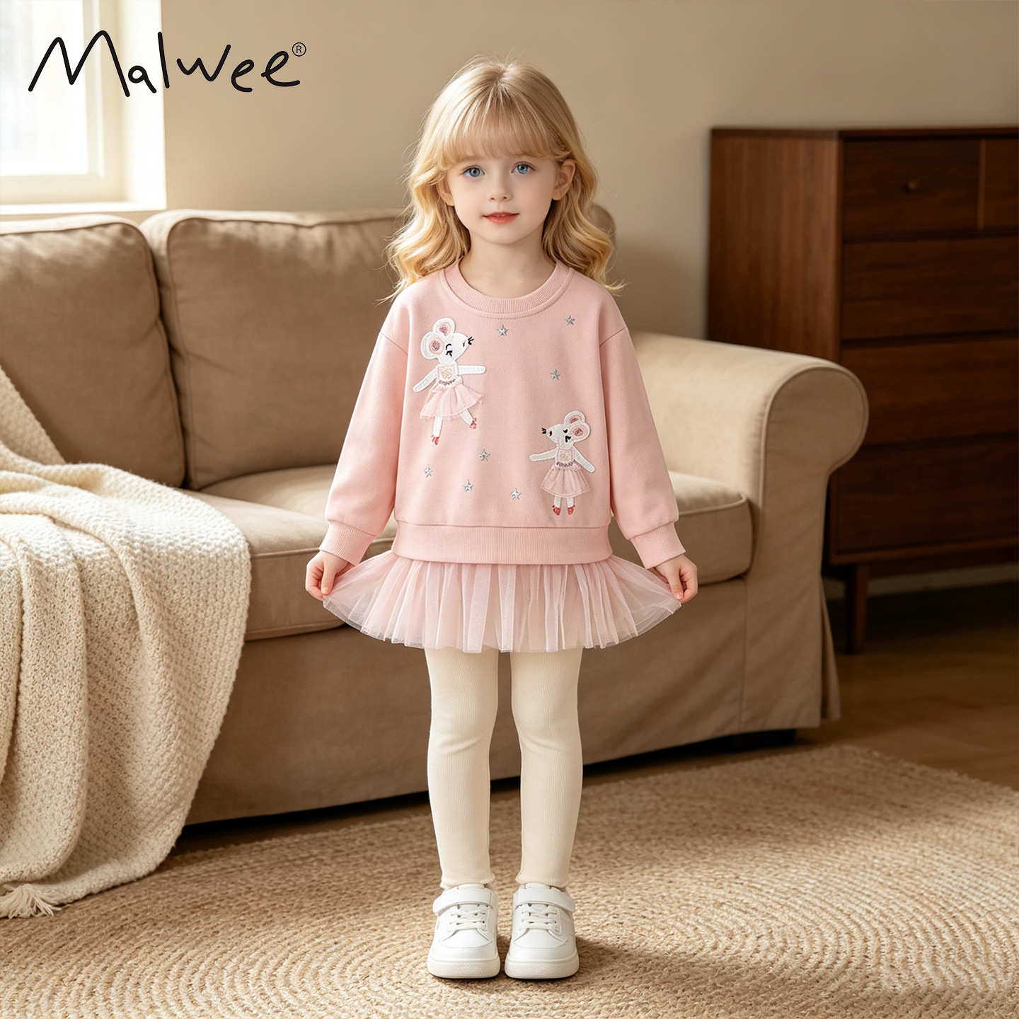 Malwee Girls' Two-Piece Autumn Outfit: New European and American Style Casual Round Neck Long Sleeve Children's Clothing Set for Toddlers and Young Children