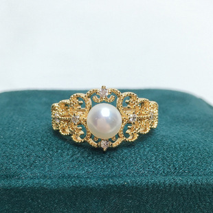Vintage Lace Hollow Pearl 18K Gold Package K Gold Craft Natural Freshwater Pearl Ring Opening Adjustable Ring