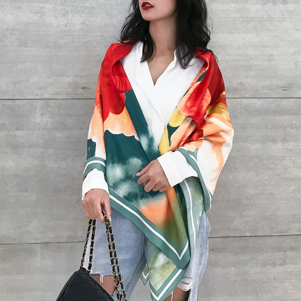 Streetwear Style 130cm Spring New Oil Painting Flower Silk Scarf Shawl Large Square Scarf