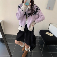 撞色翻领费尔岛提花开衫毛衣女2025秋冬新款宽松复古文艺针织外套