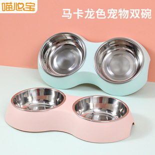 Macaroon cat bowl ins style pet bowl pattern drinking bowl stainless steel double bowl cat food bowl wholesale
