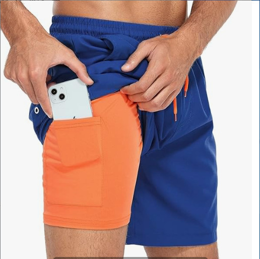 New swimming trunks beach pants two-in-one men's double-layer sports shorts anti-embarrassment quick-drying solid color shorts