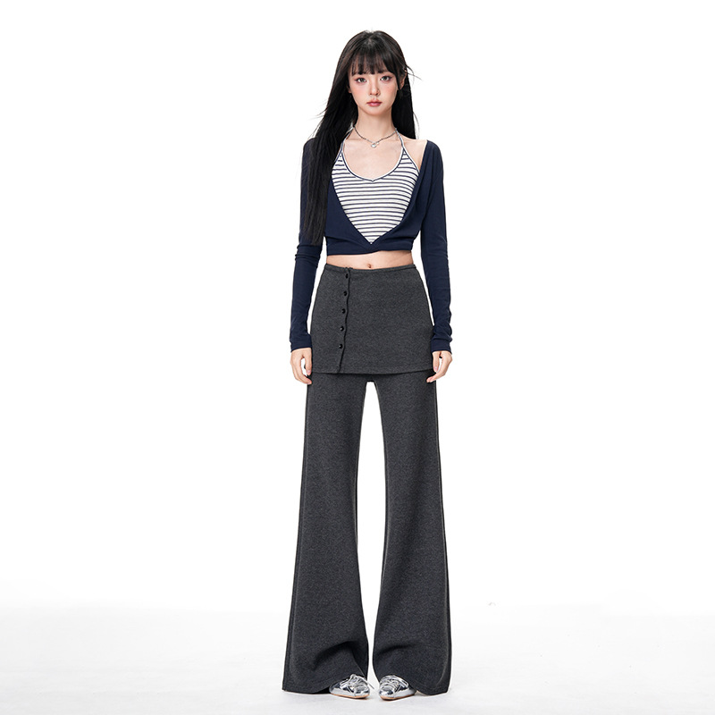 Woolen High-Weight Two-Piece Set with Flared Pants for Women, 2025 Autumn and Winter New Style, Detachable Flap Design, Straight-Leg Casual Pants