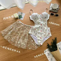 Pure Desire French INS Светло-зеленый цветочный купальник для летних каникул, горячей весны, маленький бюст на косточках, пуш-ап, утягивающий цельный купальник.