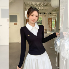 假两件POLO领拼接撞色长袖T恤女2025年秋季新款辣妹修身刺绣上衣