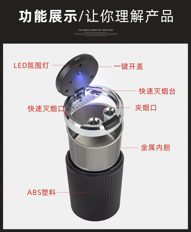 Car Ashtray with Metal Liner, One-Touch Opening Lid, Lighted Car Smoking Gadget, Non-Slip Ash, In-Car Ashtray