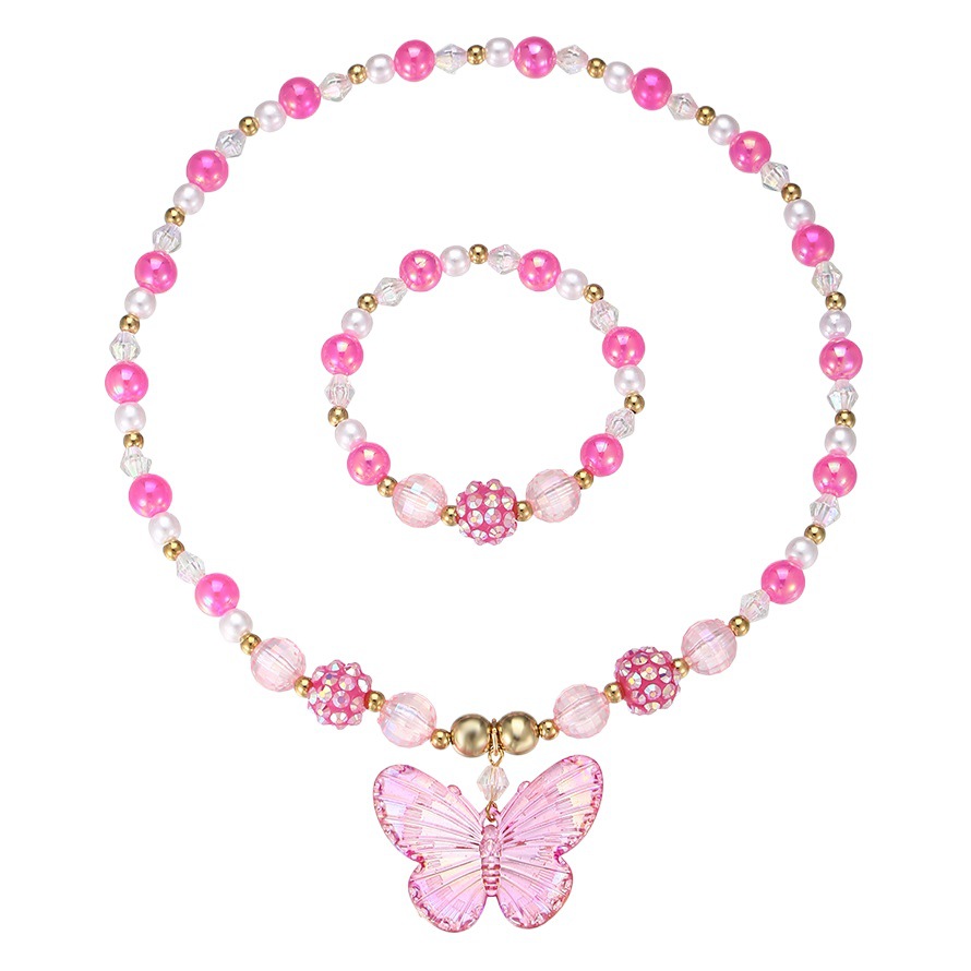 Cross-border Hot Children Crystal Necklace Girl Princess Bracelet Pearl Jewelry Set Decoration Cartoon Butterfly Bracelet