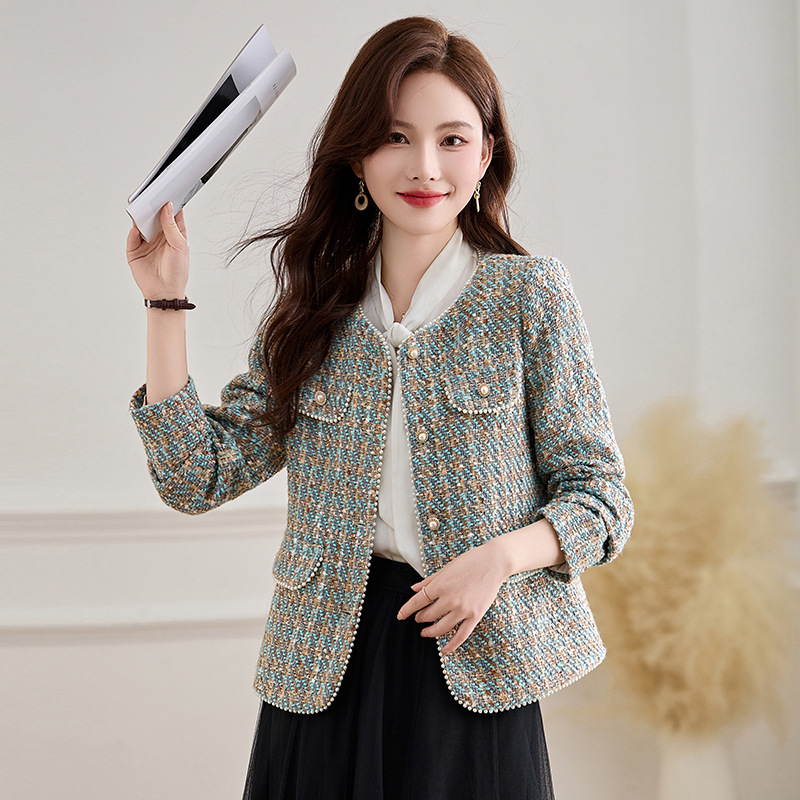 Blue Plaid Chanel Style Short Coat Women's Spring and Autumn 2025 New Exquisite Heavy Industry Beaded Elegant Tweed Top