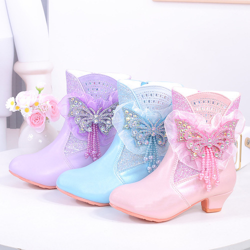 New Women's Children Princess Boots with High Heels Frozen Elsa Butterfly Bow Fleece Warm Children Mid-Calf Boots