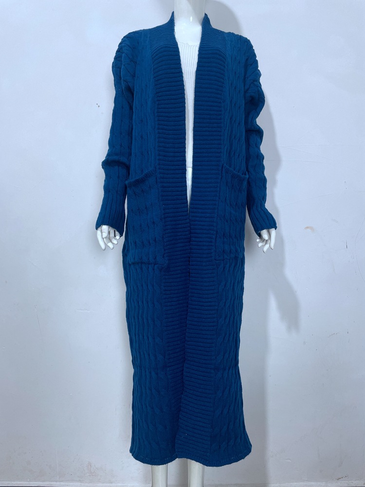Damen-Strickjacke mit langen Ärmeln, einfarbig, langer Pullover, dicker Mantel_voghion.com