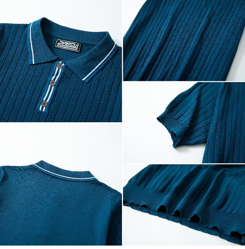 K Men's Short Sleeved Knitted Sweater, Business Casual Lapel, Twisted Flower Striped Polo Shirt_viptrois.com