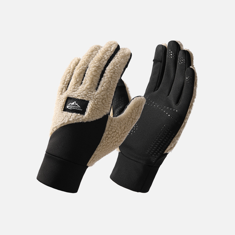 Men's autumn winter knitted plush thick warm outdoor sports cycling driving anti cold and windproof touch screen gloves_voghion.com