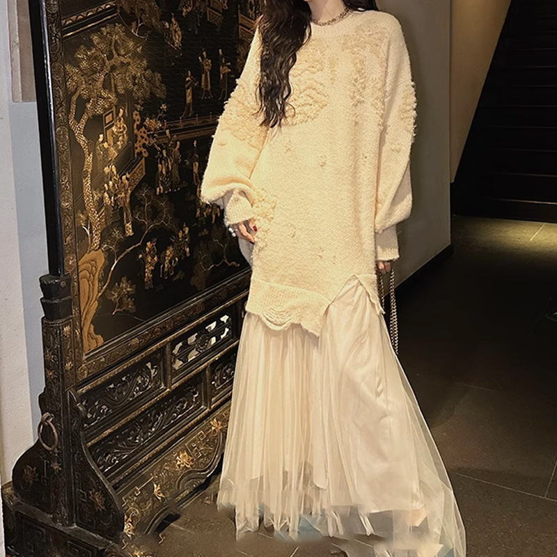 Ready in Stock [Qinghuangxue] Autumn and Winter Atmospheric Sweater and Gauze Skirt 25 Autumn and Winter Fashion Pleated Dress