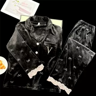 【厂批跨境严选】批发实体睡衣女海岛绒花边翻领开扣家居服套装黑