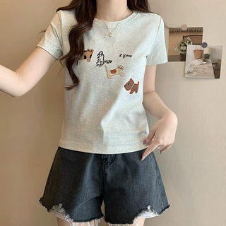 2026新款趣味减龄刺绣短袖t恤女上衣夏季韩版正肩显瘦漂亮小衫