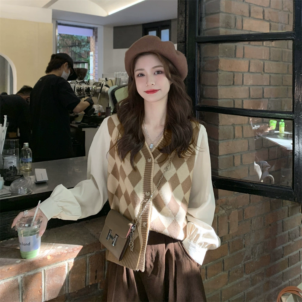 Французский поддельный свитер больших размеров из двух частей с ромбом и длинными рукавами, Женский Топ, весна и осень, новый свитер для похудения для полных девочек