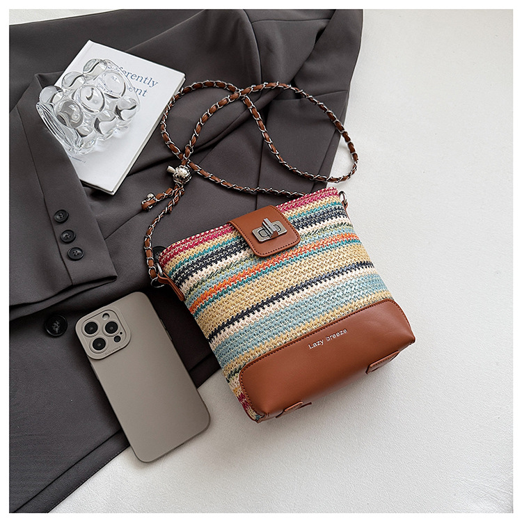 Seaside vacation beach rainbow woven bag for women 2025 Summer New style fashionable, simple, casual and high-quality single-shoulder bucket bag Specification drawing