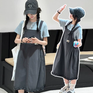 女童背带裙套装夏季2026新款洋气儿童长裙子大童夏装木耳边连衣裙
