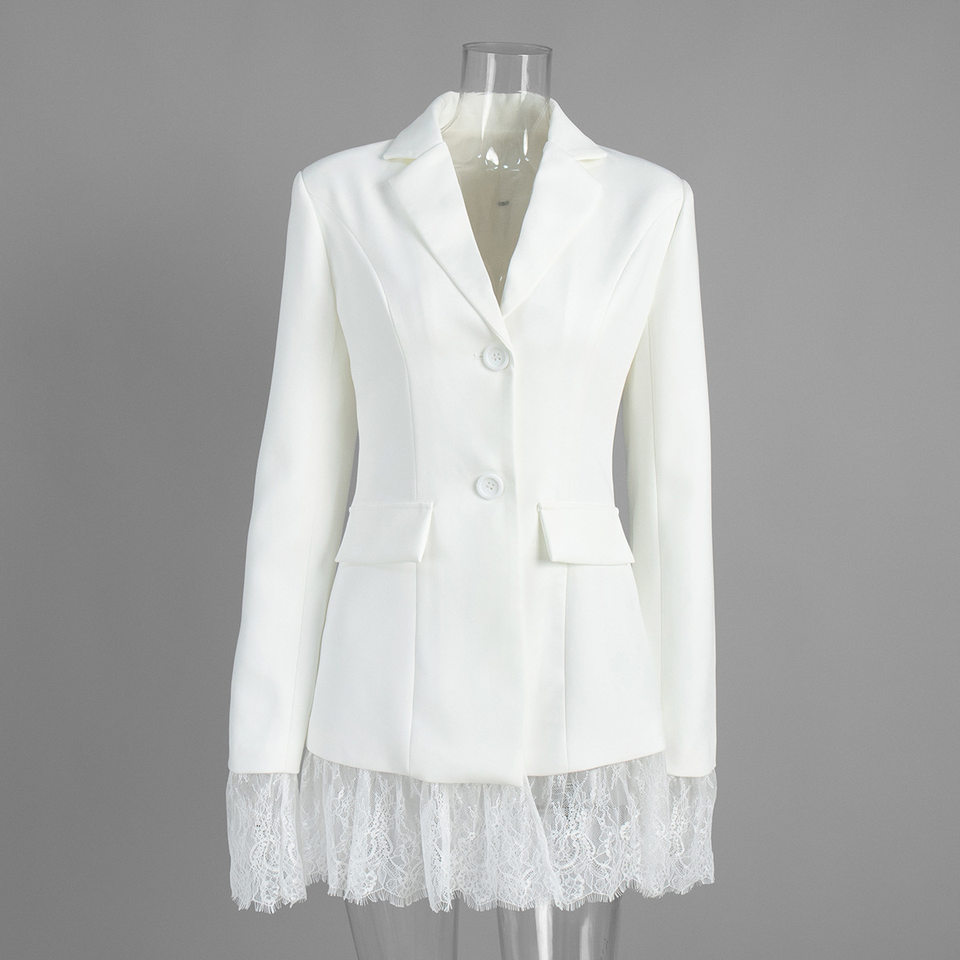 Áo blazer nữ phối ren chiết eo dáng trung bình tay dài cổ vest một hàng cúc — Màu trắng, màu đen chi tiết 3