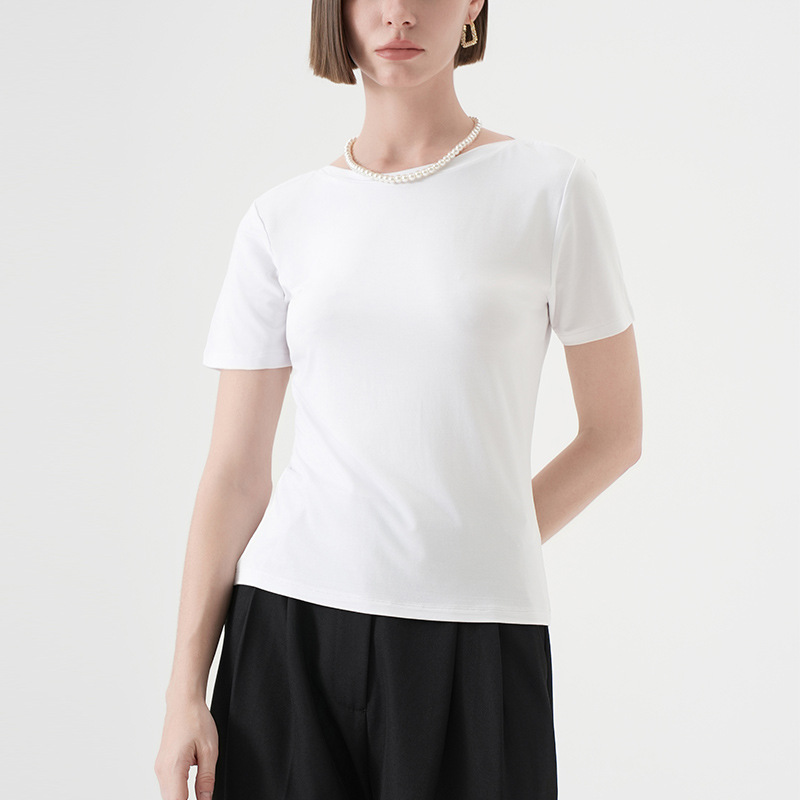 CANVAUS verano simple y suave camiseta glutinoso para mujer nueva versión coreana de color sólido cuello de una línea casual de manga corta jersey para mujer
