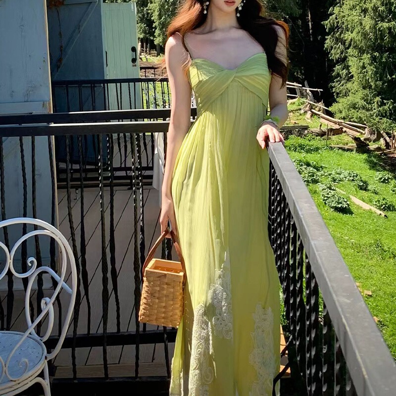 2026 Summer Lime Green Strap Dress for Women, Lace Patchwork Long Dress for Beach Vacation Style 2026 Summer Lime Green Strap Dress for Women, Lace Patchwork Long Dress for Beach Vacation Style
