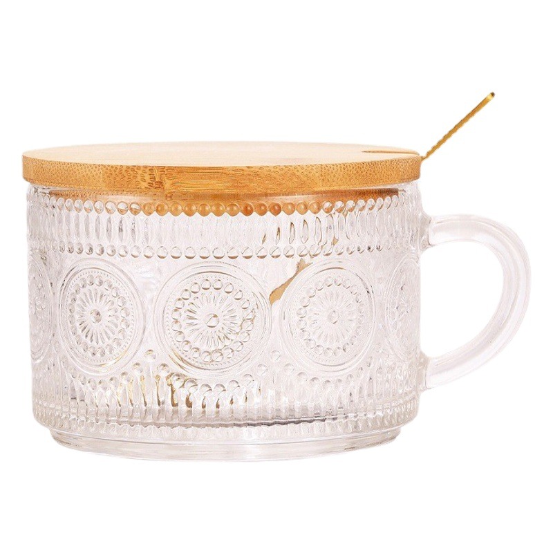 Taza de desayuno Retro en relieve Taza de café de 14oz Girasol con cuchara con tapa Taza de vidrio transparente Taza de leche