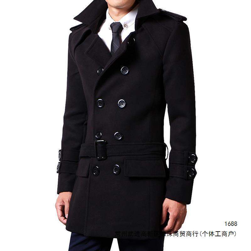 Men's Autumn/Winter Wool Overcoat, Mid-Length, Double-Breasted, Slim Fit, Korean Style, Gray