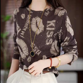 百搭圆领上衣女2026早秋新款时尚印花Z减龄显瘦妈妈装大码长袖T恤