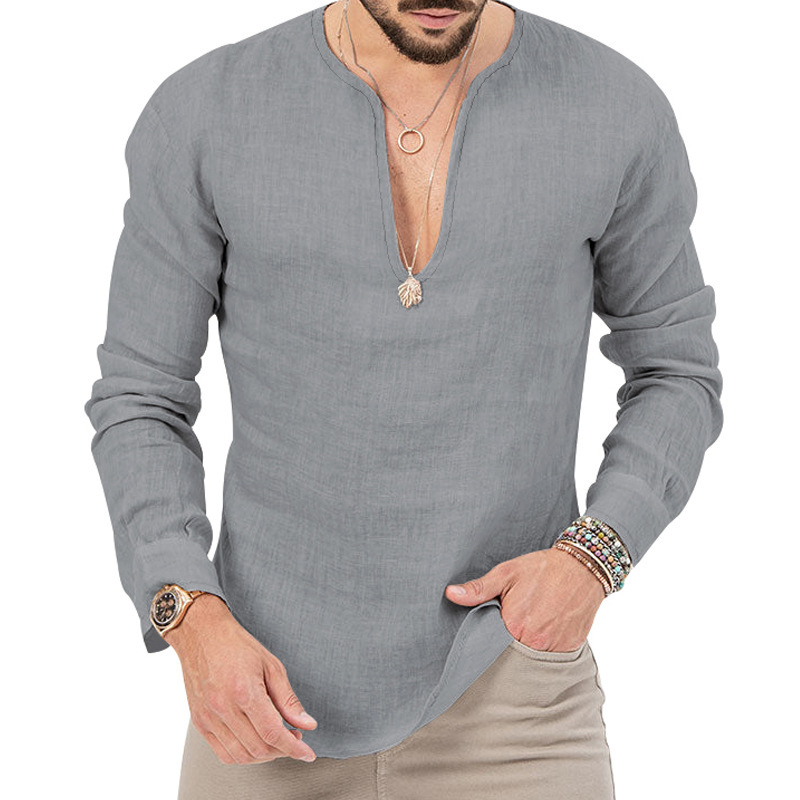 T-shirt homme casual coton lin col en v coupe oversized_voghion.com