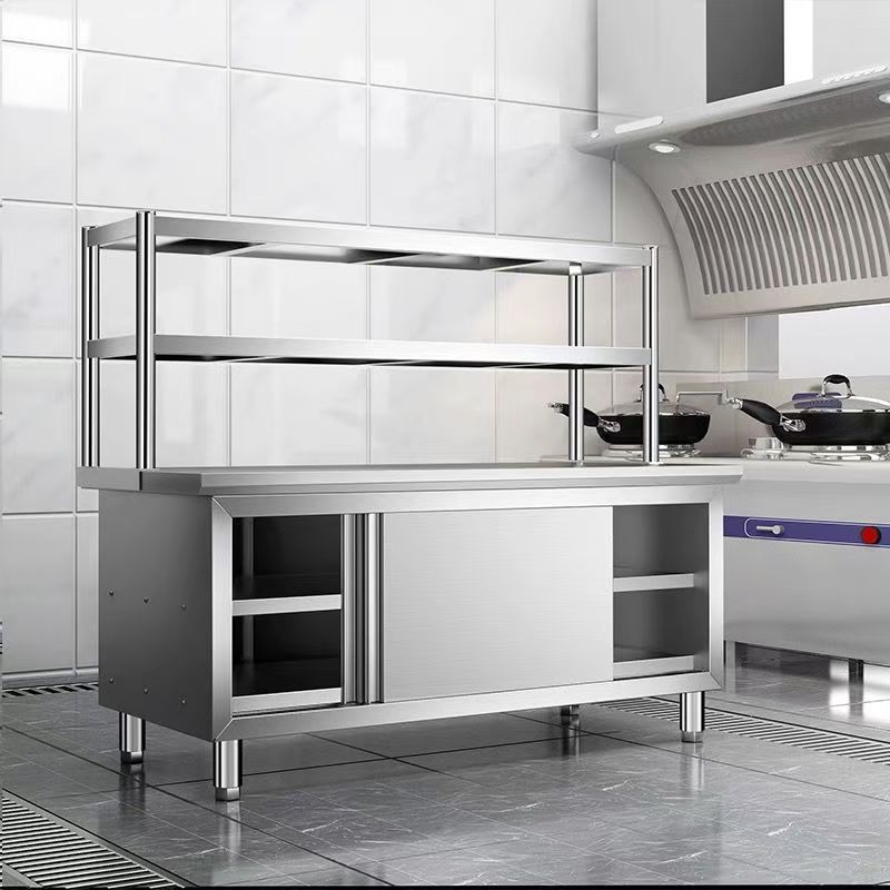 加厚304不锈钢工作台厨房橱柜商用餐饮店桌子家用操作台推拉门