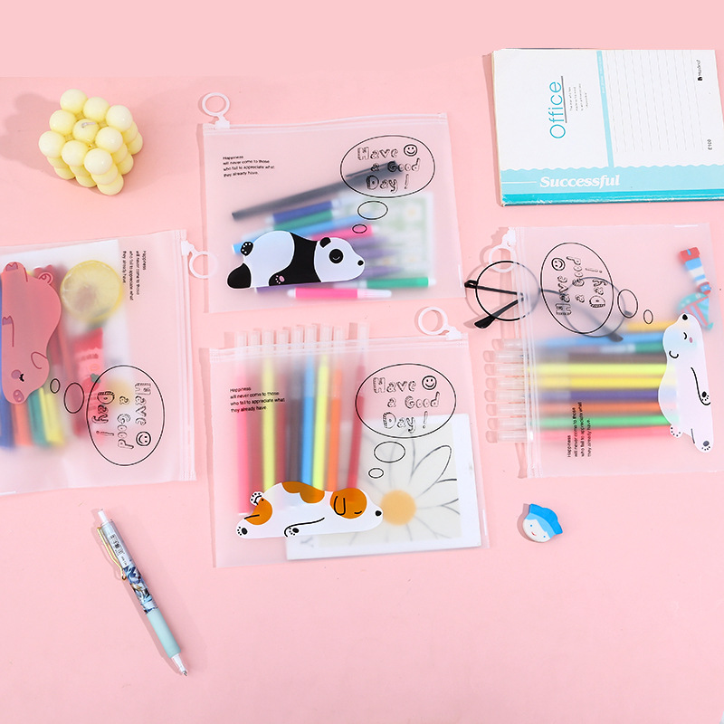 En stock al por mayor estudiante archivo de almacenamiento caja lápiz plástico transparente dibujos animados PE anillo cremallera ziplock bolso helado joyería