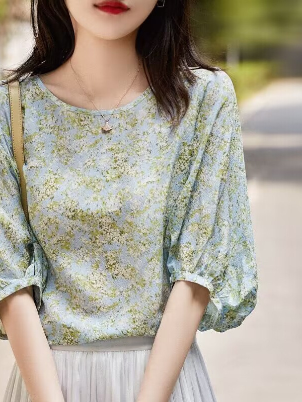 Áo sơ mi nữ tay đèn lồng màu xanh lá cây tươi mát — màu xanh lá cây