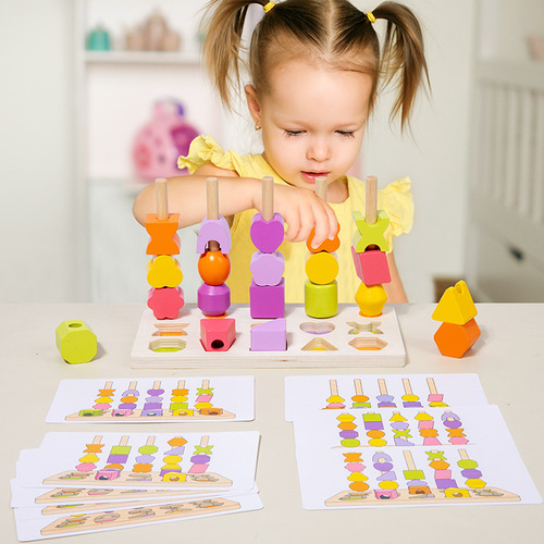 Montessori Shape Sorting Tower with Beads, 5-Column Geometric Bead Matching Blocks, Early Learning Educational Toys for Kids