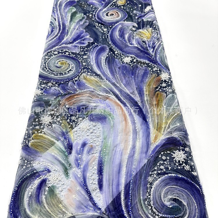 Fabricantes de tela de vestido de moda nueva industria pesada con tela de sequinaria alta fijación teñida por pulverización tela bordada de perlas