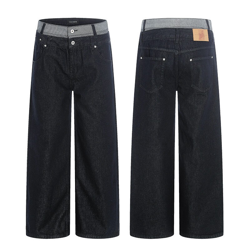 Tuochuan Ck9739 American Retro Jeans for Men and Women with a Stylish Double Waistband Design, Faux Two-Piece, Loose Straight-Leg Casual Style
