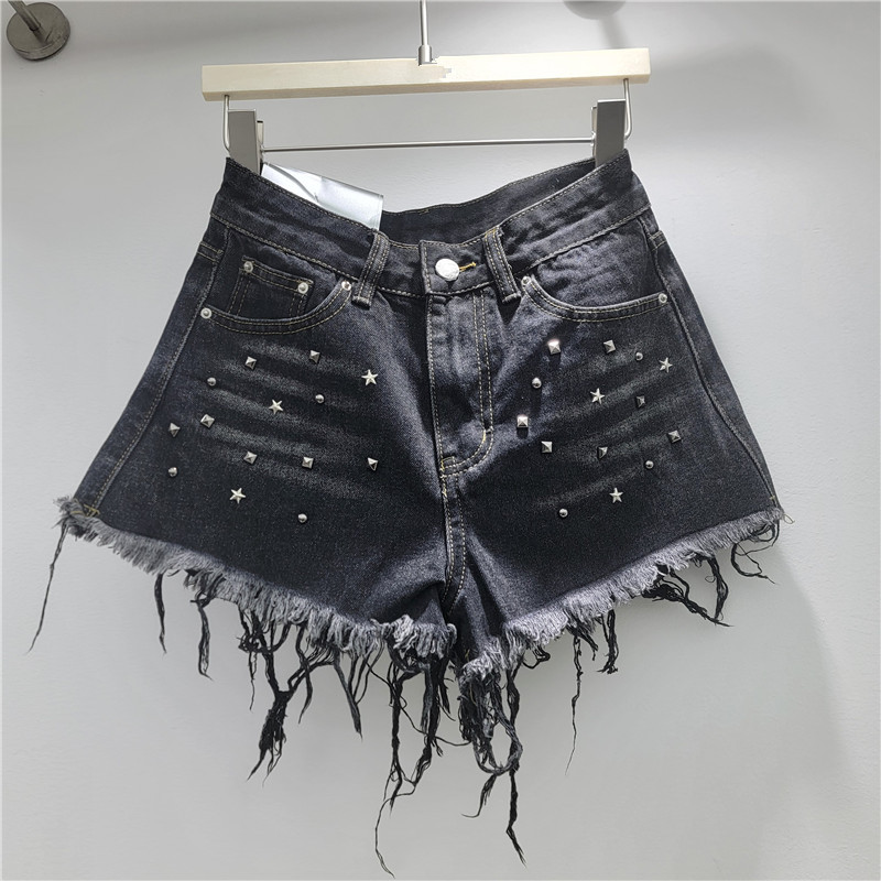 Pantalón Corto de Mezclilla con Remaches para Mujer de Cintura Baja con Bordes Deshilachados para Verano