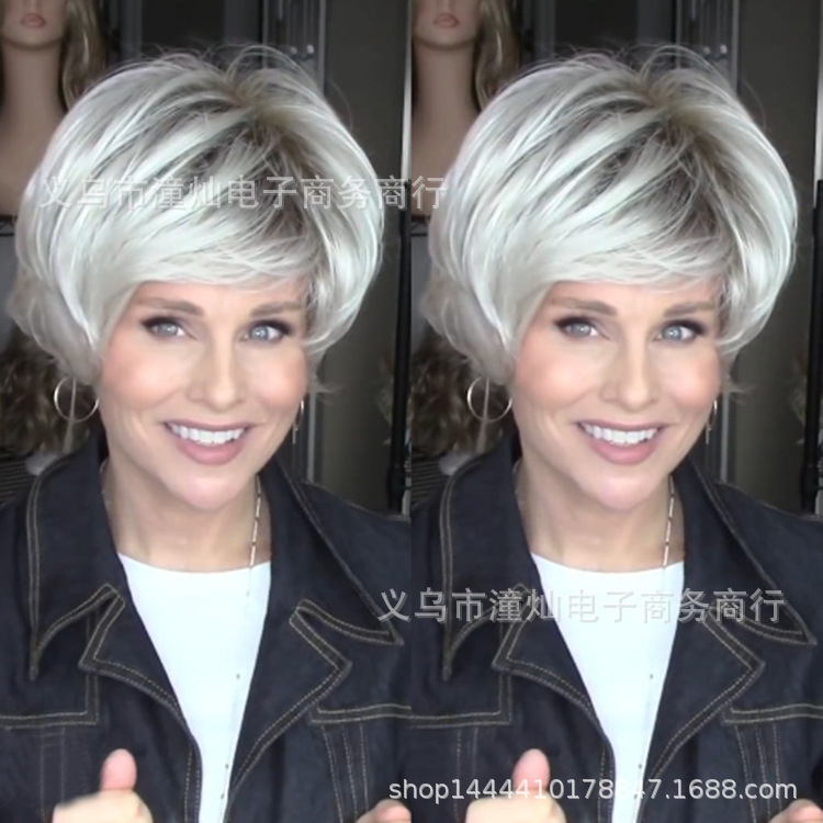 Independent website main push European and American wig oblique bangs silver head dyed black fluffy short straight hair wholesale