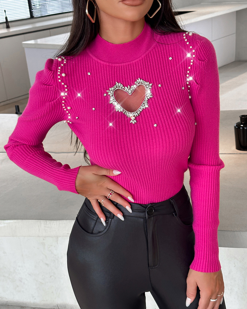 Women's Sweater 3/4 Length Sleeve Sweaters & Cardigans Elegant Heart Shape Solid Color display picture 3