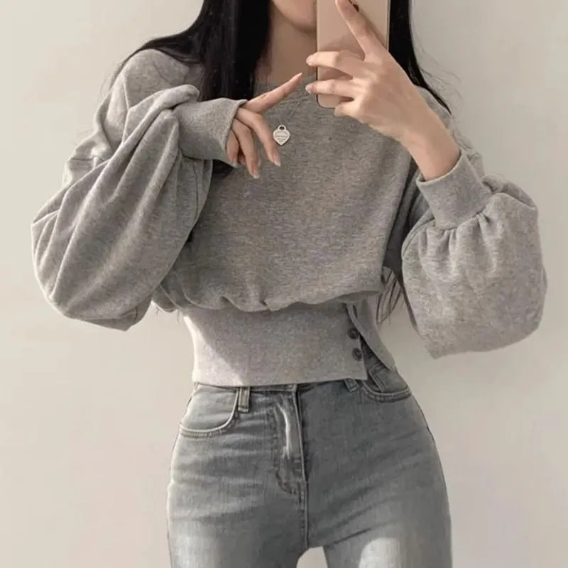 韓国の2024秋のデザイン感丸首は長袖の短いプルオーバーの上着の女性を掛けます。|undefined
