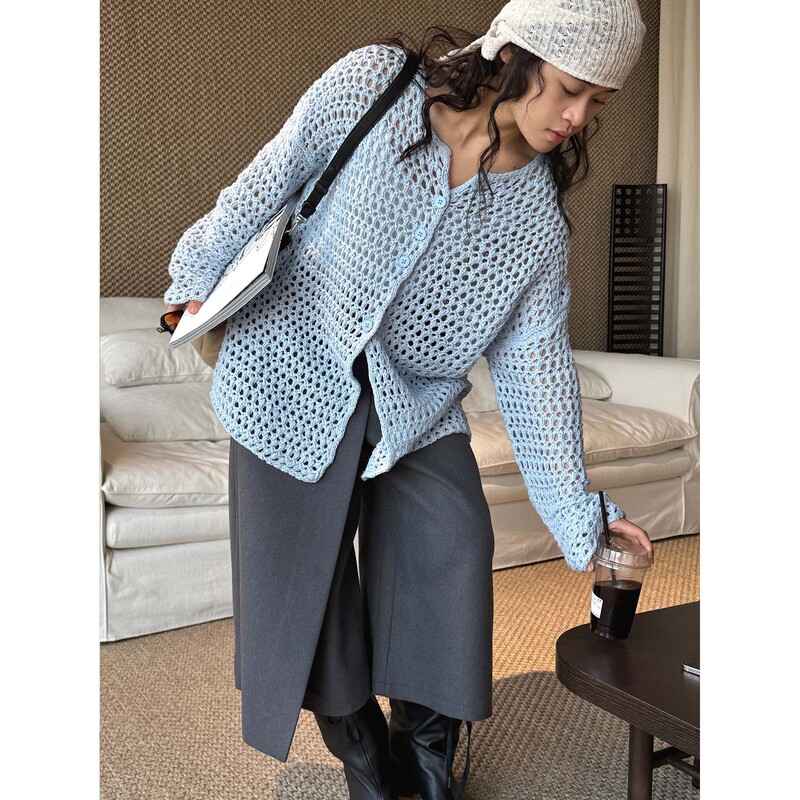 Xuman's New Spring Collection: Korean-Style Gentle and Lazy Large Mesh Hollow-Out Knit Cardigan, Loose-Fitting Top for Women