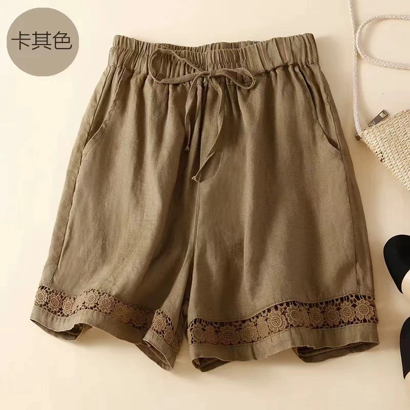 Лето 2025, тонкие шорты, женские повседневные брюки с эластичной резинкой на талии в стиле ретро, ​​свободные и удобные для сочетания, широкие брюки из хлопка и льна