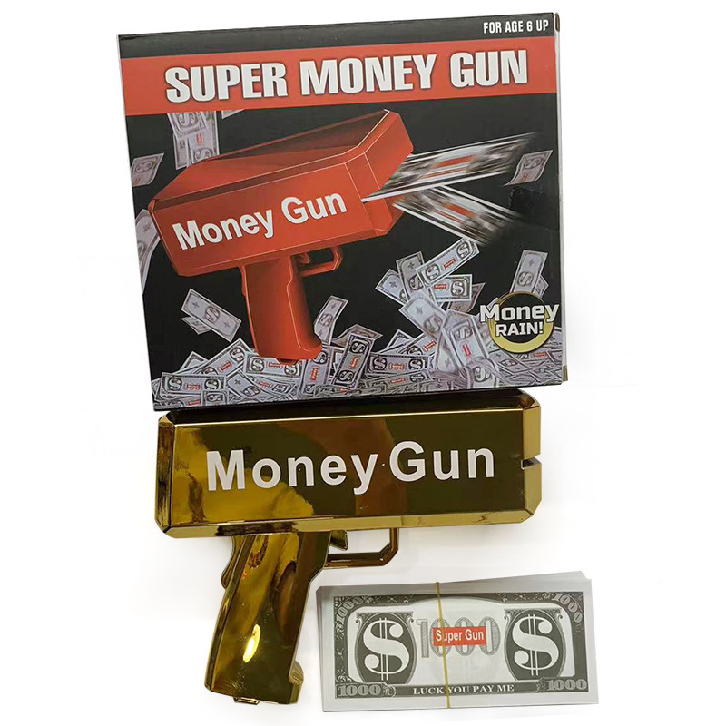 Venta de oro caliente MoneyGun pistolas de pulverización de dinero, pistolas de pulverización de dinero, juguetes, pistolas de billetes, pistolas de juguete