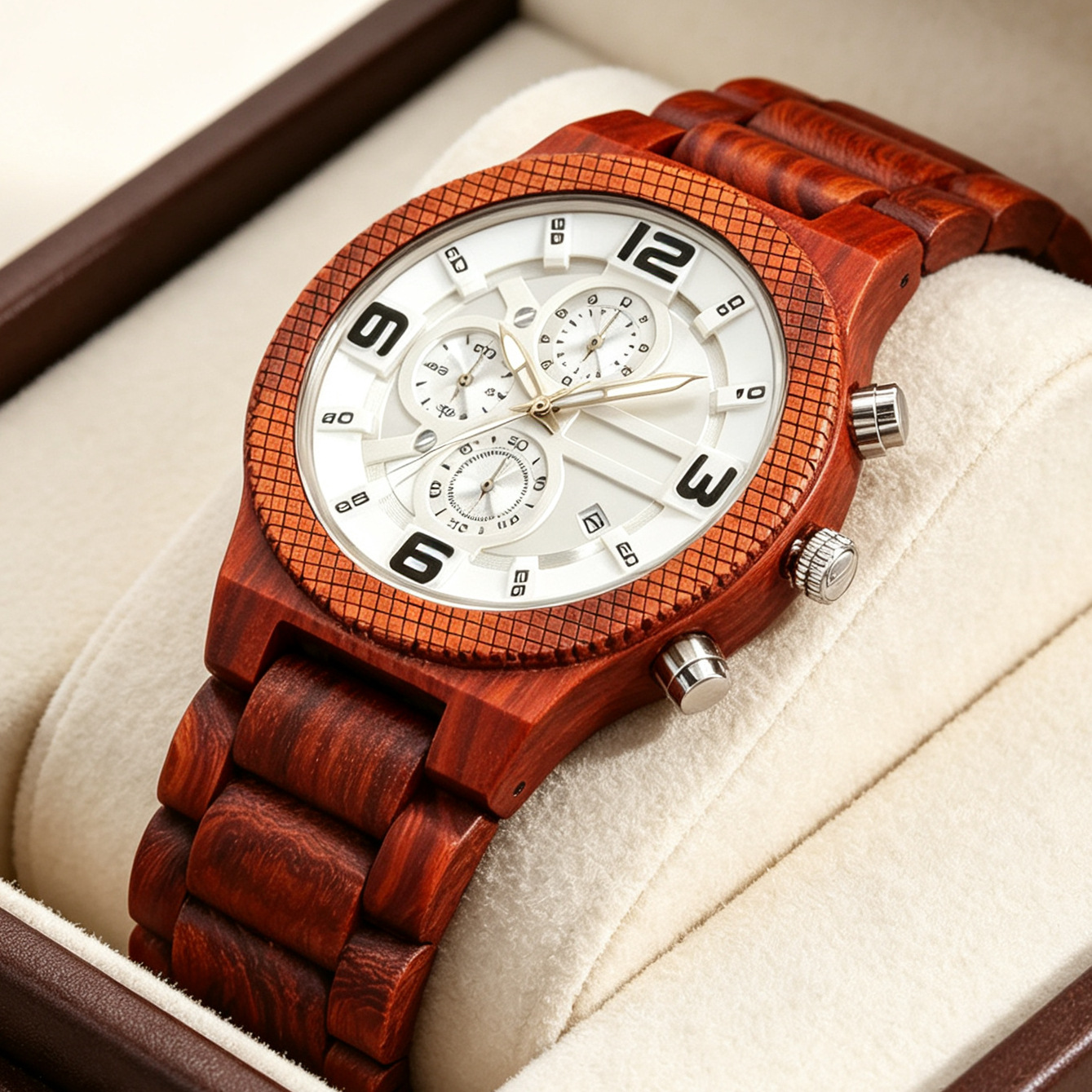 Men's Quartz Wooden Watch, Multi-Functional Chronograph with Three Dials and Six Hands, Business Casual Men's Wristwatch, Wooden Watch