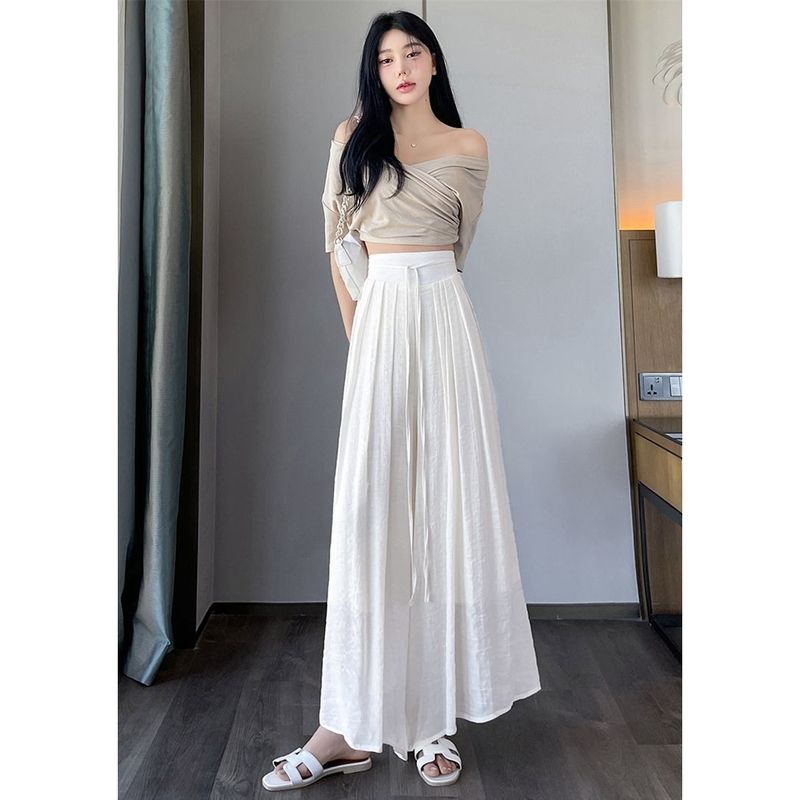 ピンクのコットンとリネンのワイドレッグパンツスカート女性の夏の薄い新しいスタイルルーズドレープハイウエストストレートカジュアルパンツ9点パンツ|undefined