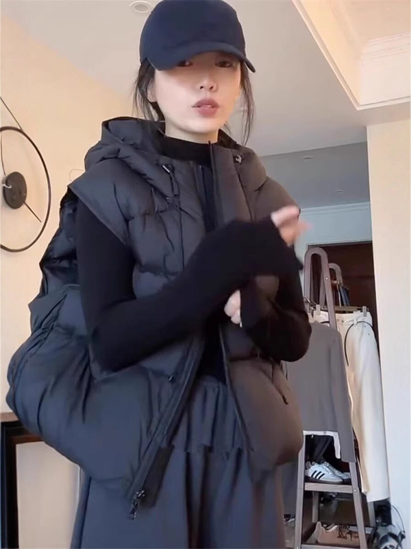 马甲女秋冬外穿连帽时尚黑色小个子短棉服加厚保暖高级感坎肩马夹|undefined