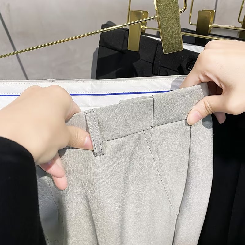 Summer Convenient Hidden Elastic Waist Men's Dress Pants British Style Wrinkle-Free Slim Solid Color Thin Cropped Pants