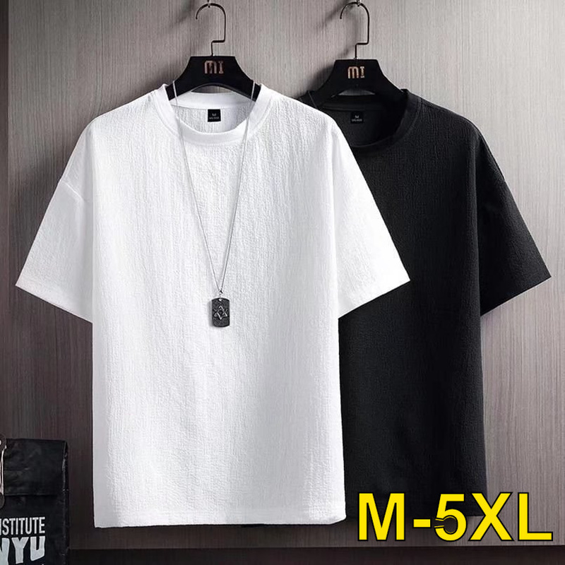 Summer New Half Sleeve T-shirt Cotton Linen Short Sleeve T-shirt Men's Solid Color Loose Base Shirt White Half Sleeve