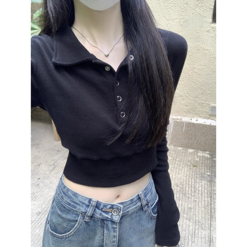 Ladies' Pure Desire Style Collared Long-Sleeve Top, Spring and Autumn New Release, Slim Fit, Body Shaping, Design-Focused, Midriff-Baring Base Layer Shirt
